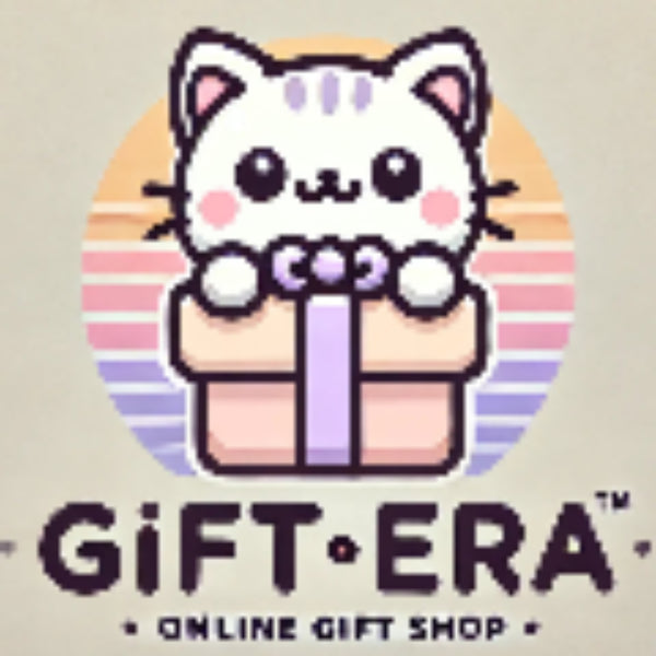 Logo of Gift Era online gift shop with a cute cat holding a gift box on a beige background