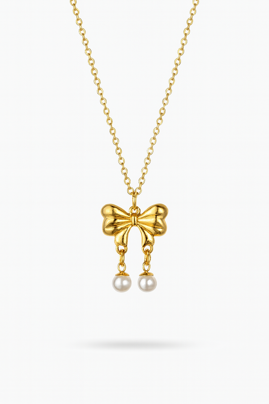 Korean Elegant Bow Pendant Necklace with Pearl Drops – Anti-Tarnish Gold Plated - Gift Era Shore