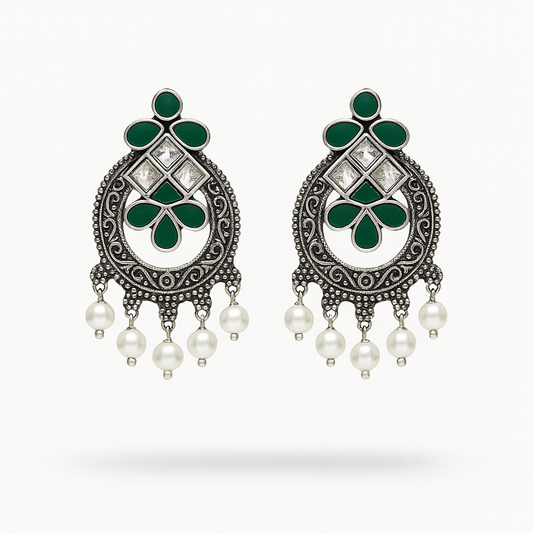 Oxidised Silver Green & White Diamond Motif Earrings with Pearls | Oval Antique Earrings for Women | Festive Jewellery for Weddings & Navratri
