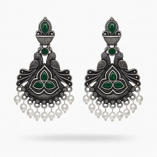 Oxidised Silver Green Peacock Fan Earrings with Pearls | Ethnic Statement Earrings for Women | Festive Jewellery for Navratri, Garba & Diwali