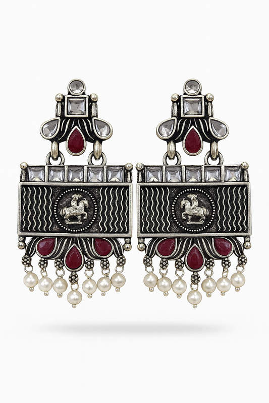 Oxidised Silver Antique Horse Motif Earrings with Red Stones & Pearls | Traditional Rectangular Earrings for Women | Festive Jewellery for Navratri & Weddings