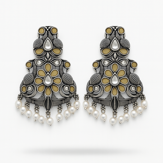 Oxidised Silver Temple Design Floral Earrings with Pearls | Ethnic Traditional Earrings for Women | Wedding, Navratri & Festive Jewellery
