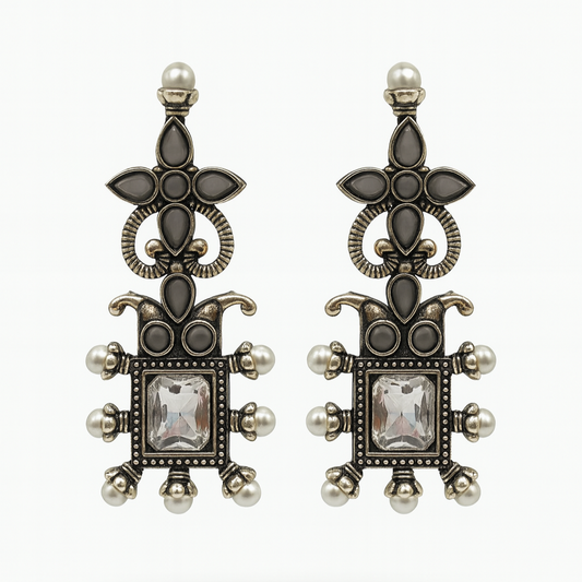 Oxidised Silver Black & White Square Earrings with Pearls | Antique Statement Earrings for Women | Traditional Festive Jewellery for Durga Puja & Diwali
