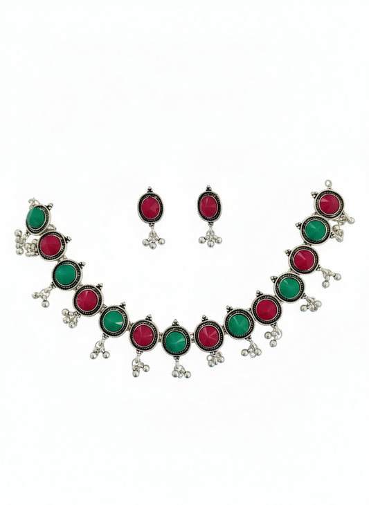 Silver Oxidised Green & Pink Round Choker Necklace