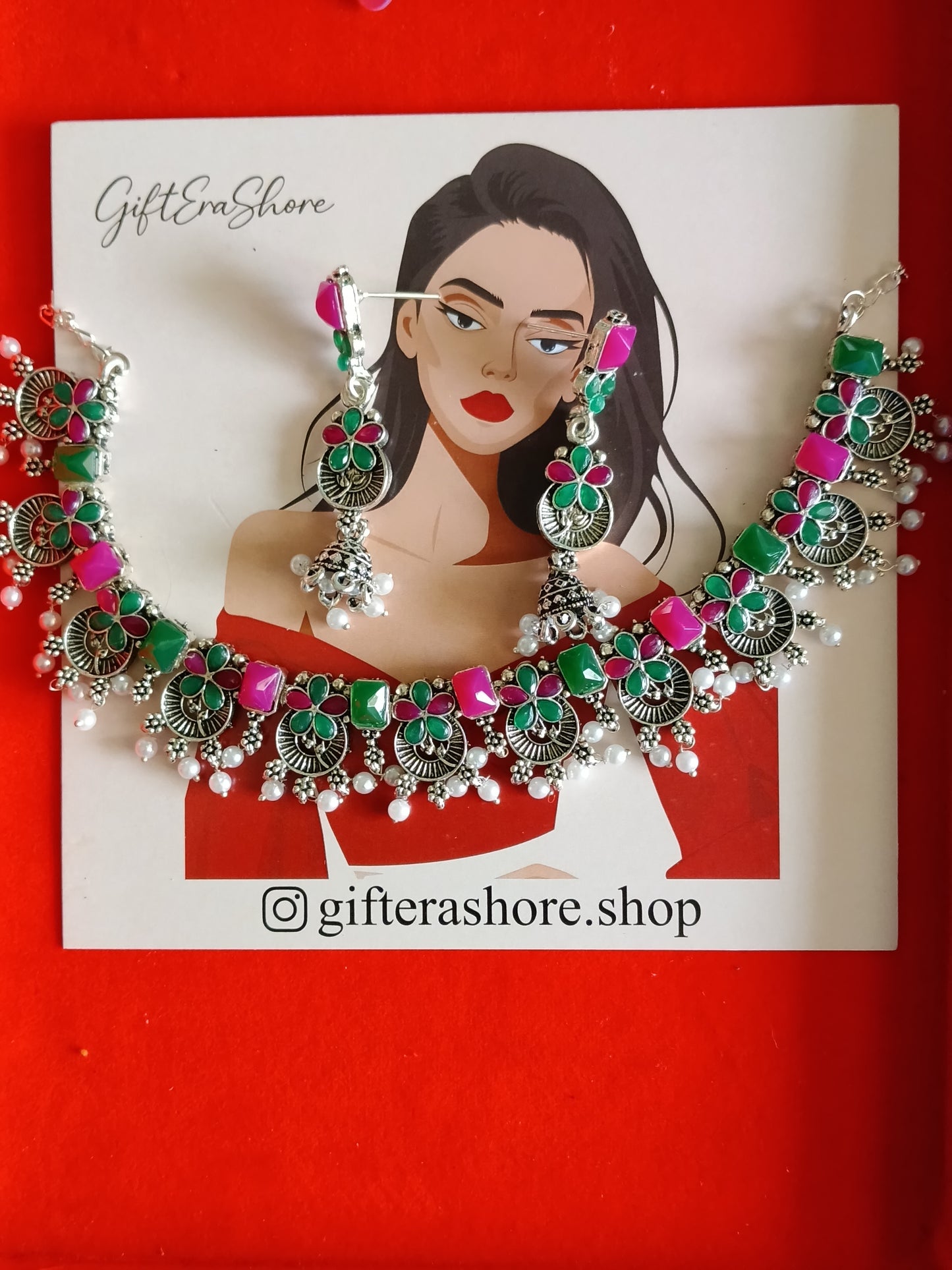 Oxidised Peacock Design Green & Pink Choker Set