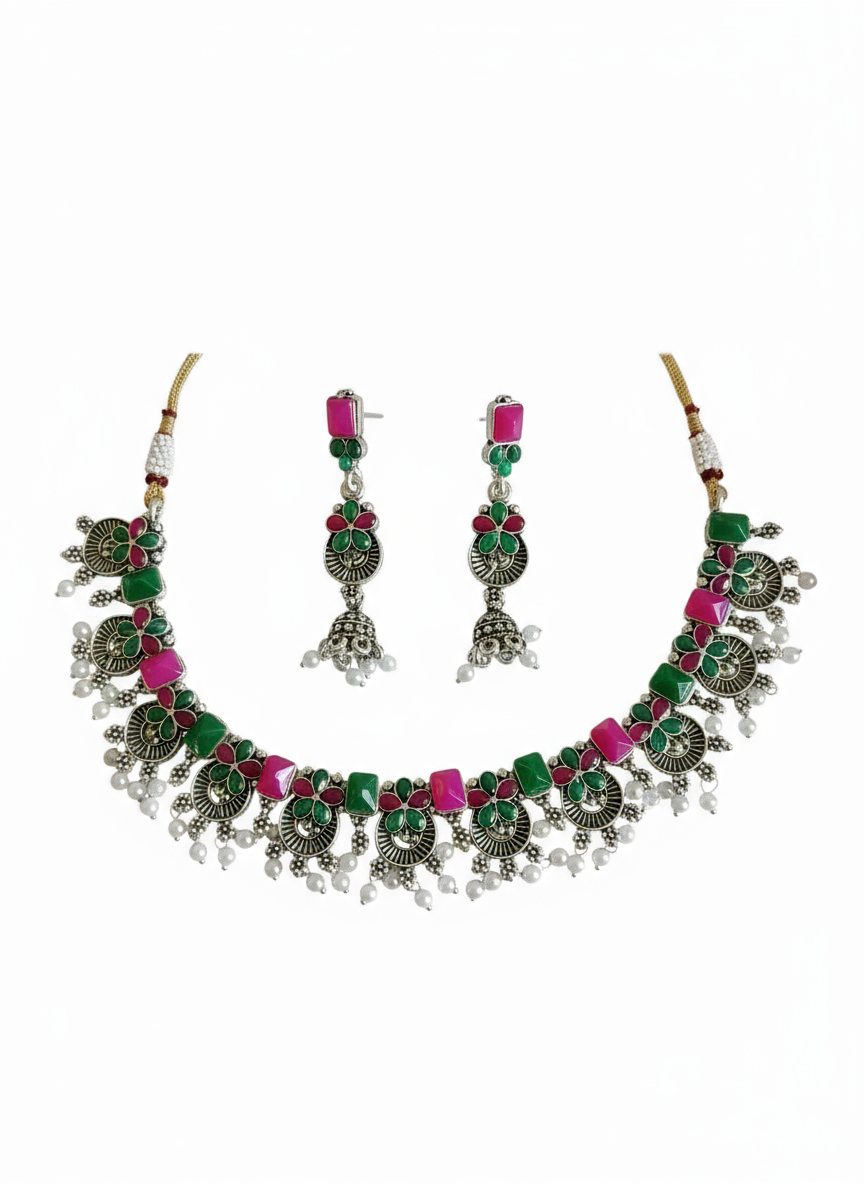 Oxidised Peacock Design Green & Pink Choker Set