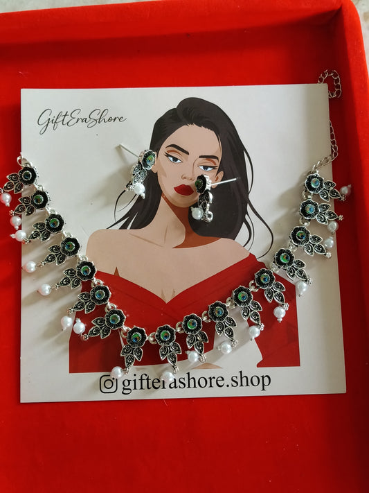 Oxidised Blue Floral Choker with Pearls