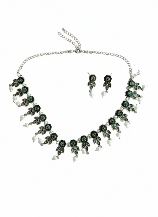 Oxidised Blue Floral Choker with Pearls