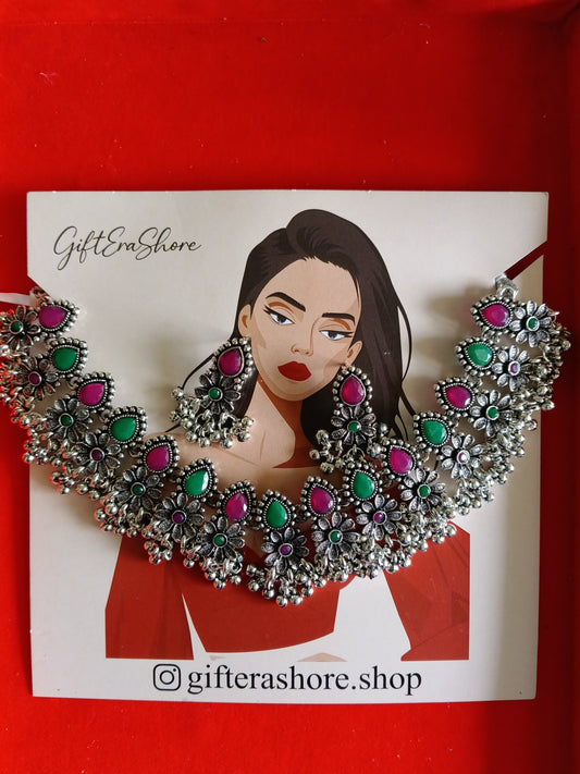 Silver Oxidised Floral Choker Set with Pink & Green Stones