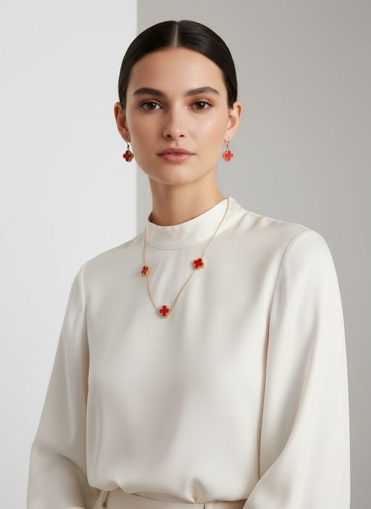 Golden Red Clover Anti-Tarnish Necklace Set With Earrings