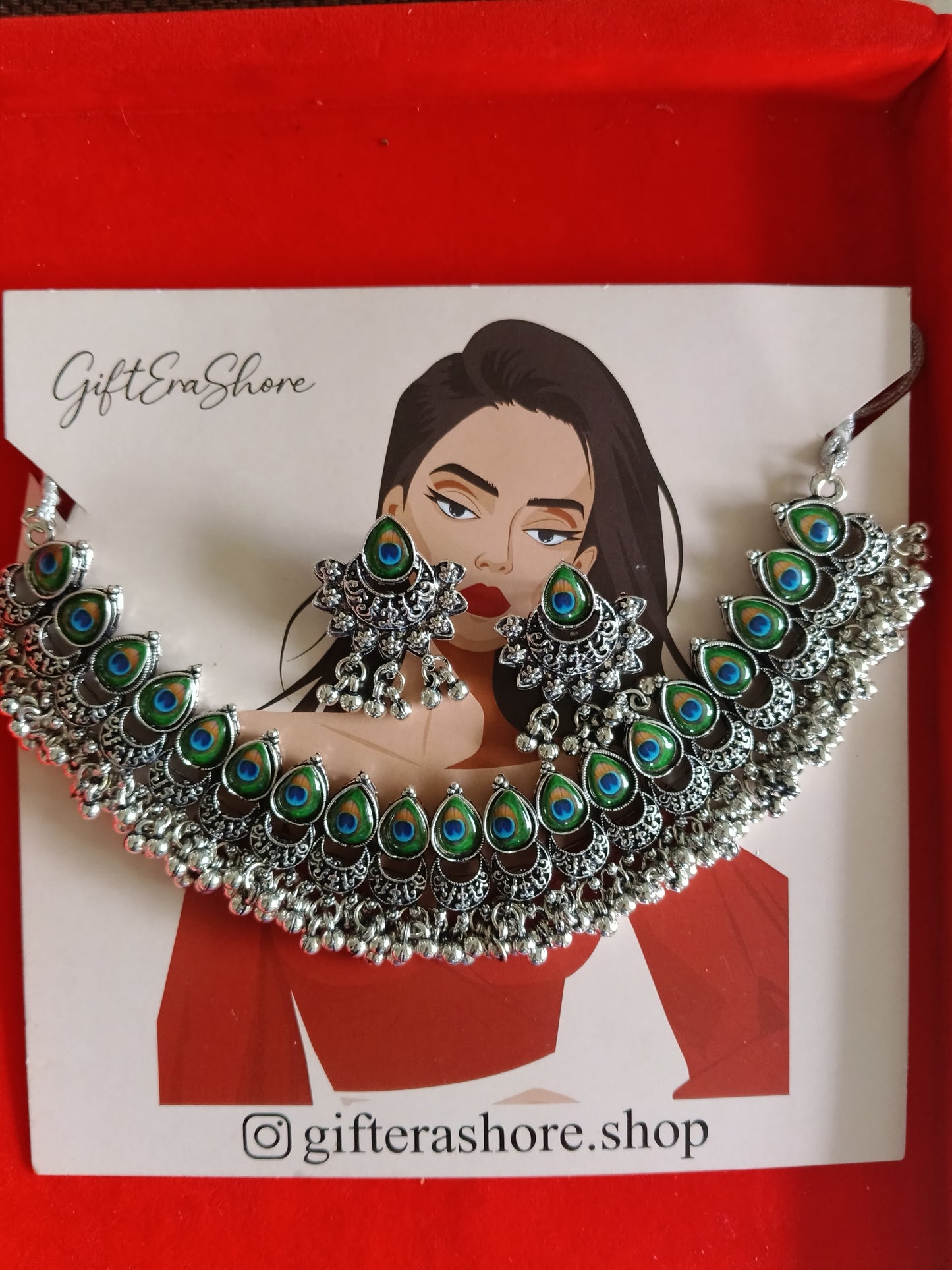 Oxidized Flower & Peacock Drop Choker Set