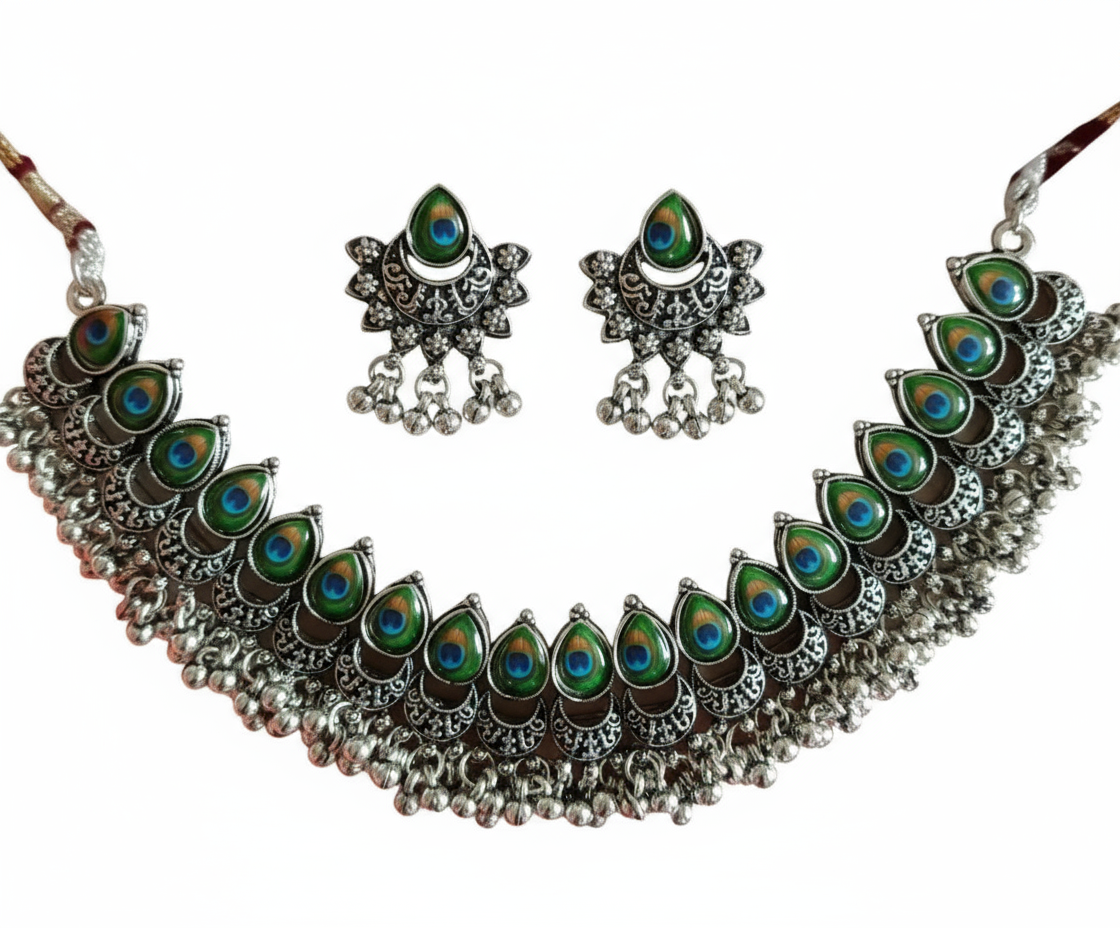 Oxidized Flower & Peacock Drop Choker Set