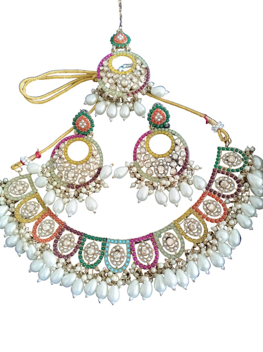 Floral Multi-Color Kundan and Pearl Necklace Set