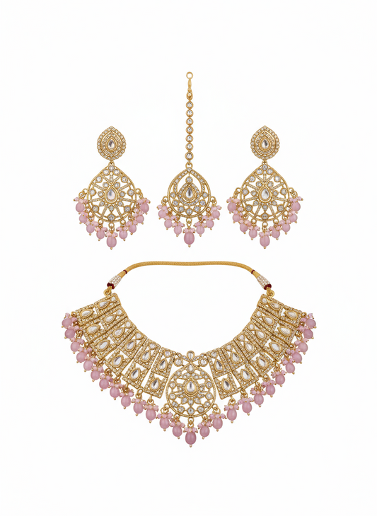 Pink Bead & Champagne Stone Heavy Necklace Set