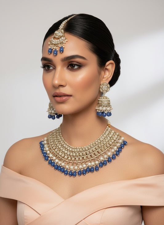 Royal Blue Bead and Polki Stone Heavy Choker Set