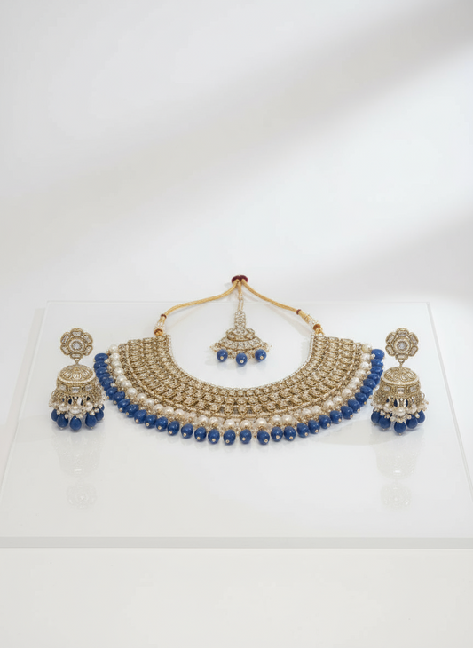 Royal Blue Bead & Polki Stone Choker Set