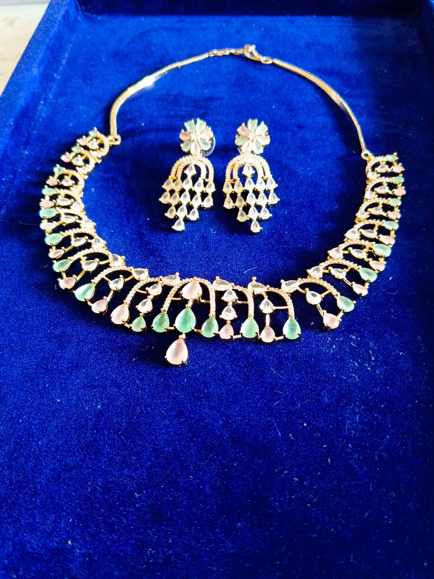 Mint Green & Pastel Pink AD Choker Set - Trendy Lightweight Fusion Jewellery