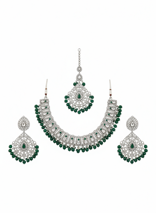 Emerald Green Bead Kundan Bridal Choker Set