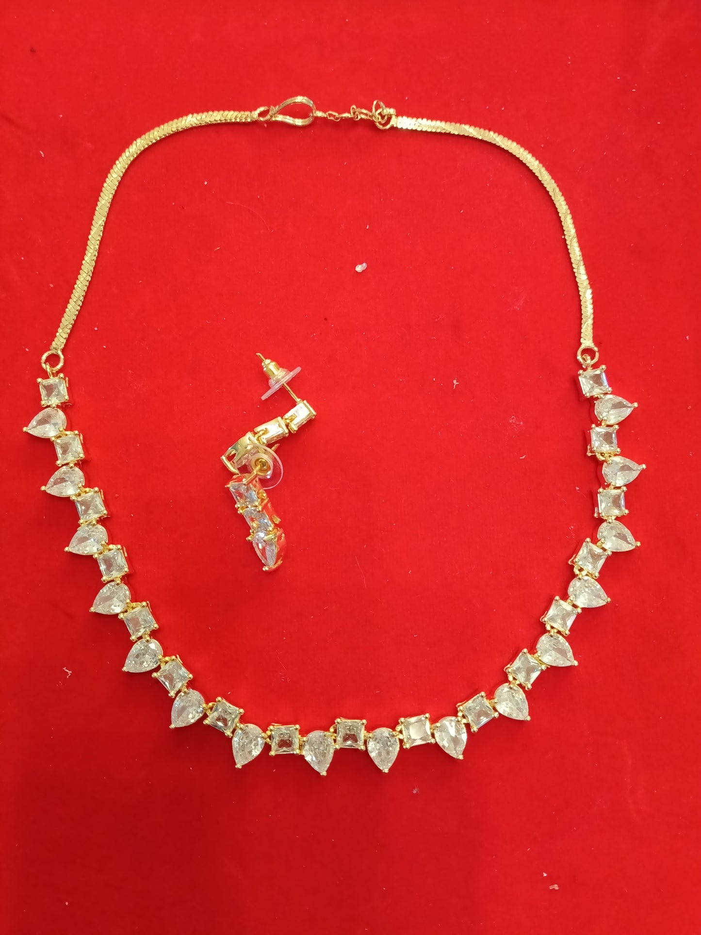 Solitaire AD/CZ Necklace Set: Classic White Stone Gold Plated Indian Jewellery