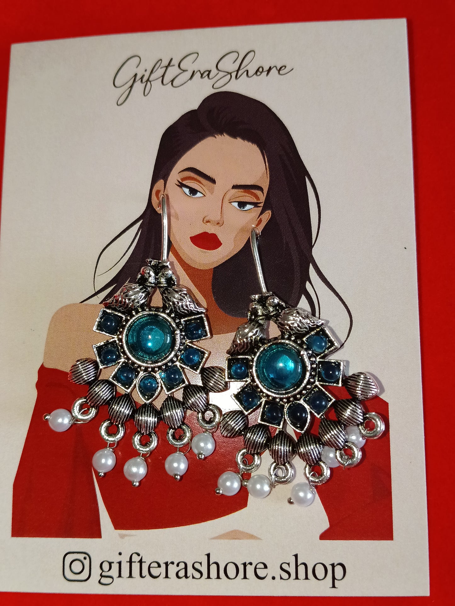 Stunning Aqua Teal & Oxidized Silver Jhumka Drop Earrings