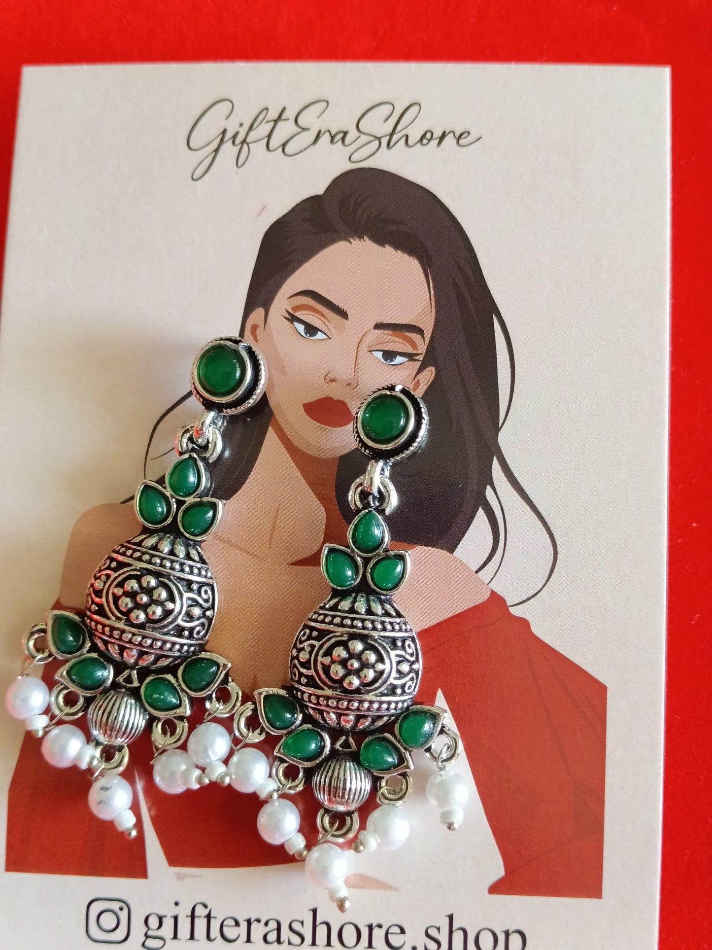Classic Deep Green Stone Oxidized Jhumka Earrings - Festive Ready