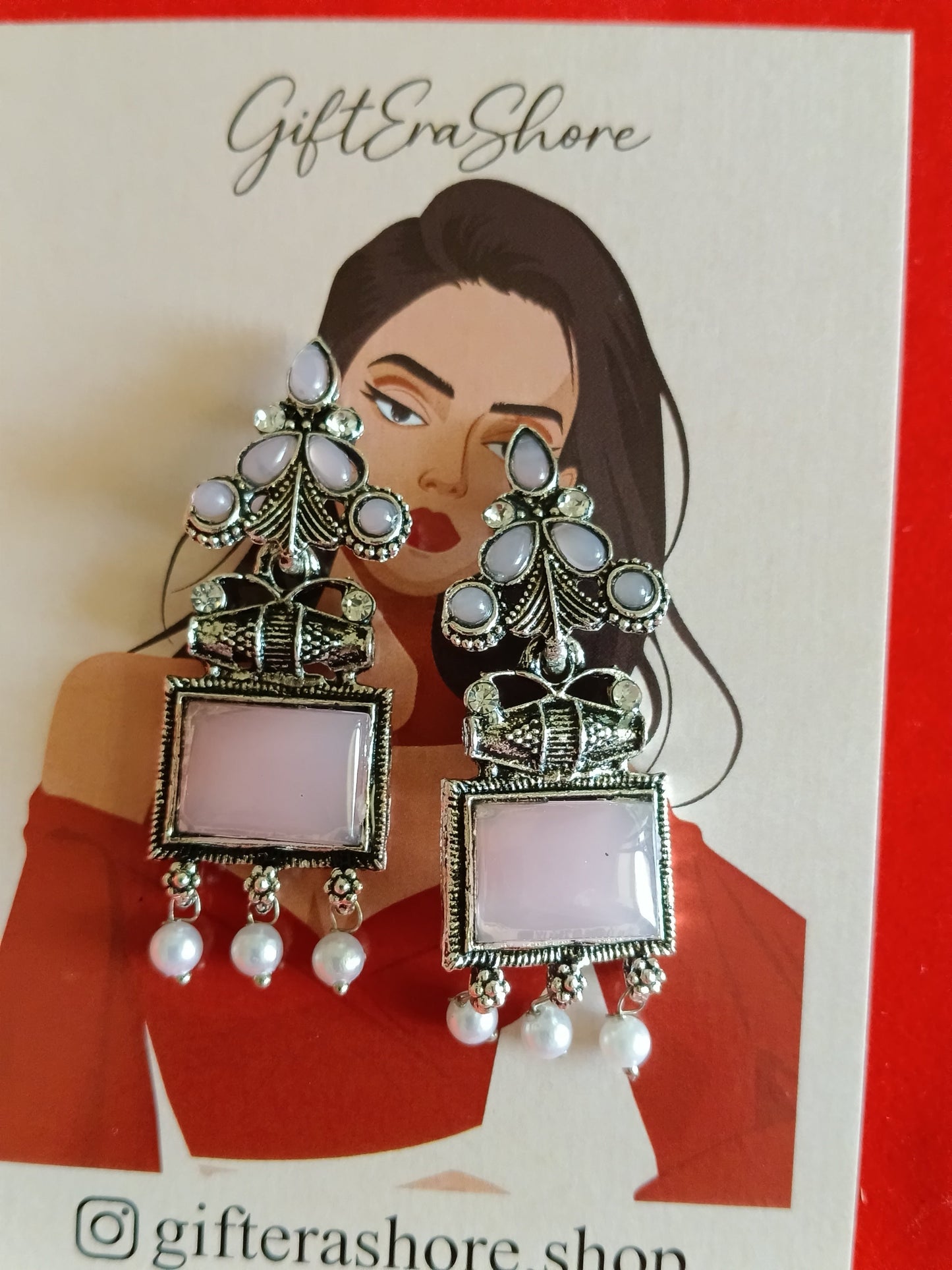 Soft Pink Square Stone Oxidized Drop Earrings - Boho Chic