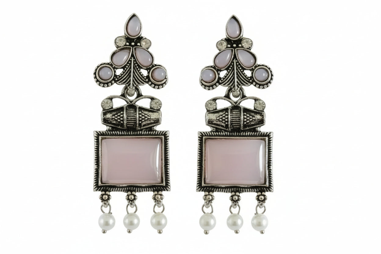 Lightest Baby Pink Square & Flower Oxidized Drop Earrings