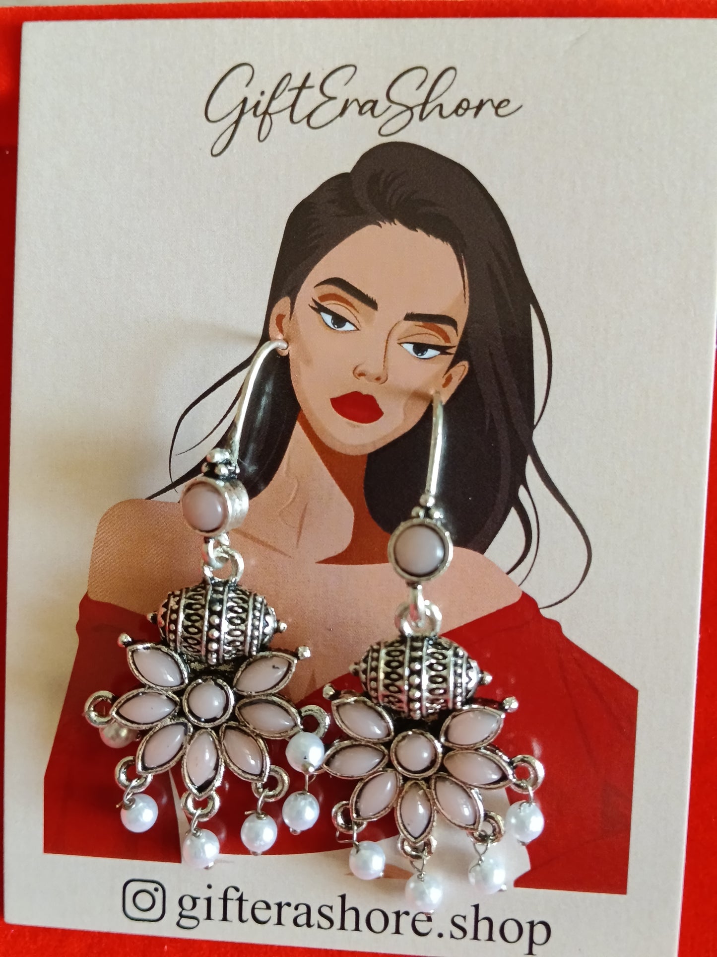 Delicate Blush Pink Flower Oxidized Jhumka Earrings