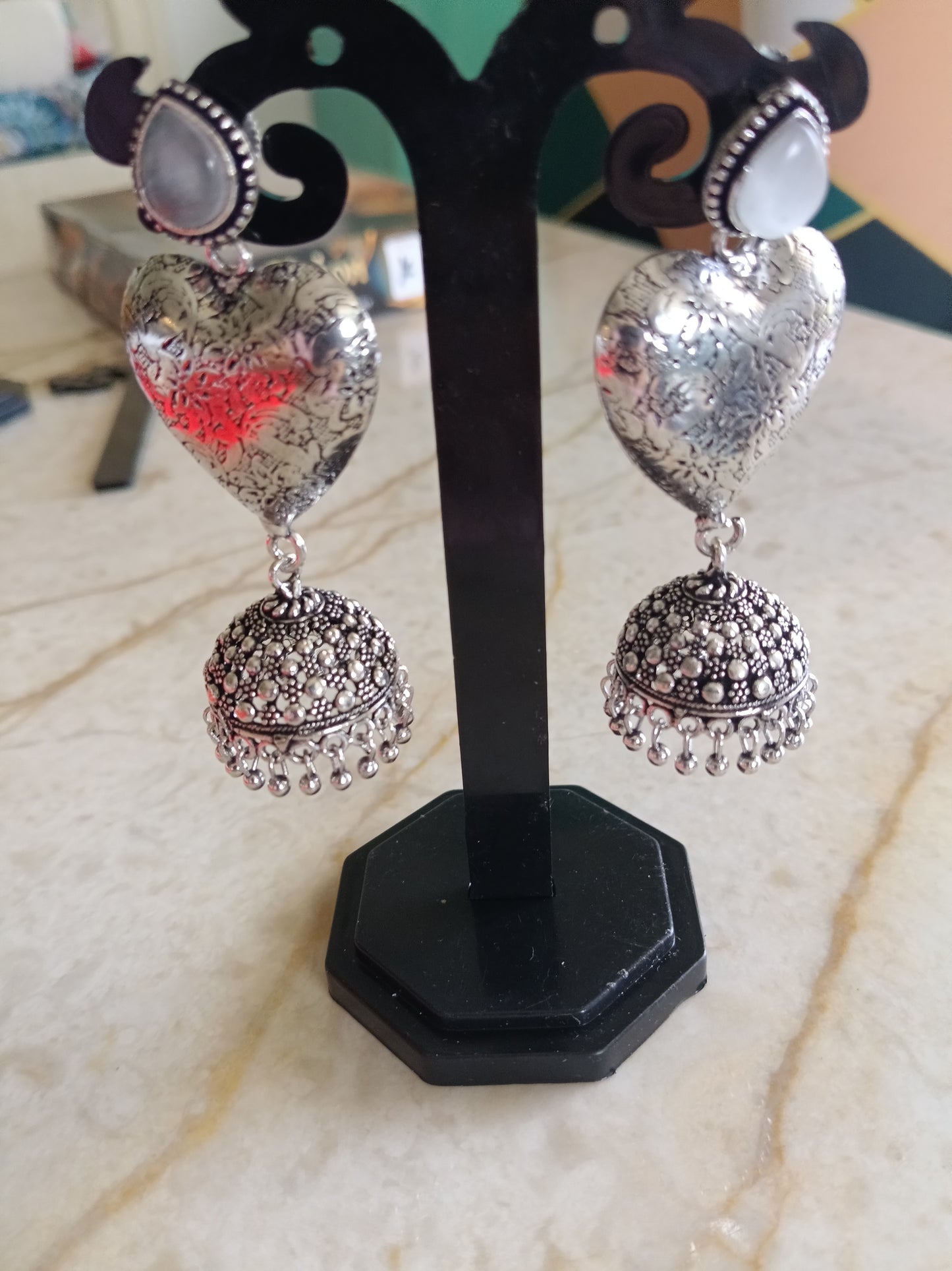 Oxidized Silver Heart Jhumka Earrings