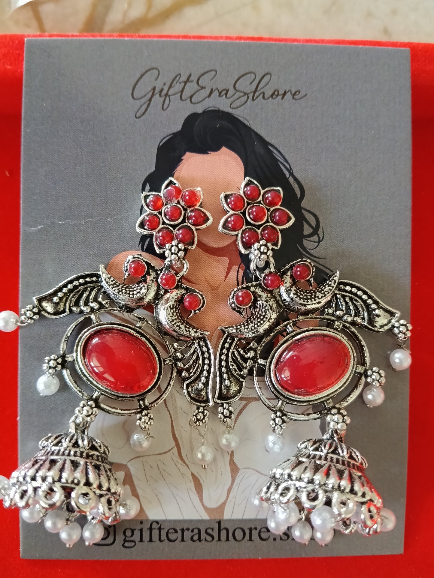 Oxidized Silver Red Stone Peacock Jhumka Earrings