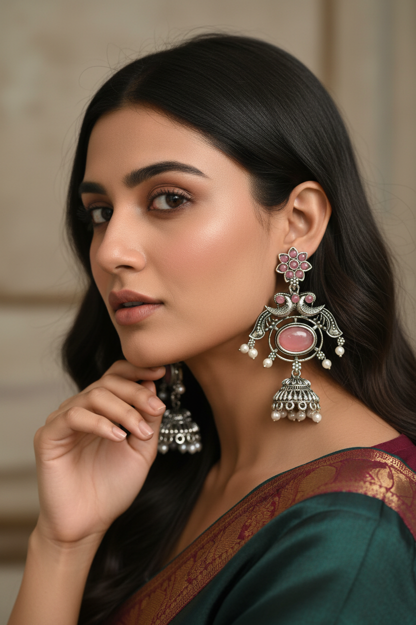 Oxidized Silver Pink Stone Peacock Jhumka Earrings