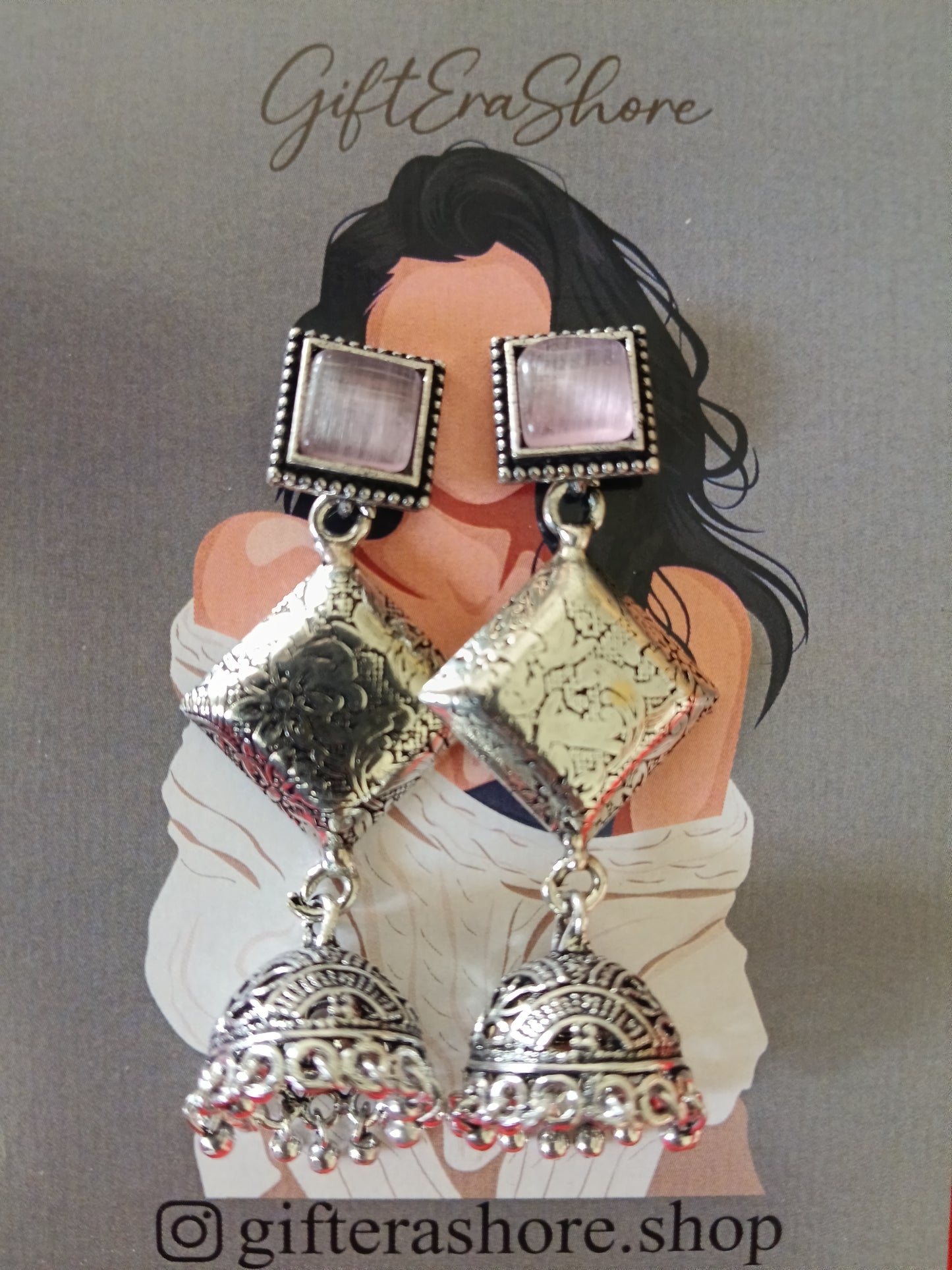 Oxidized Silver Kite Dangle Jhumka Earrings - Pink Stone