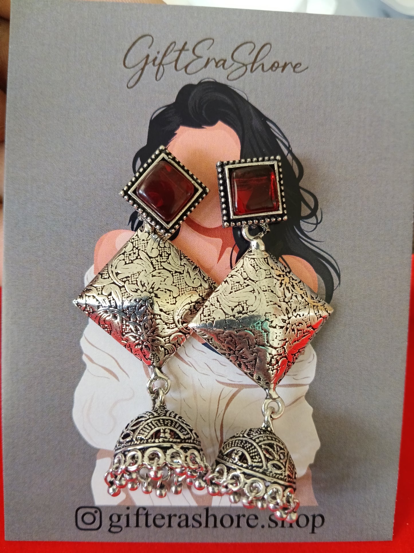 Oxidized Silver Kite Dangle Jhumka Earrings - Red Stone