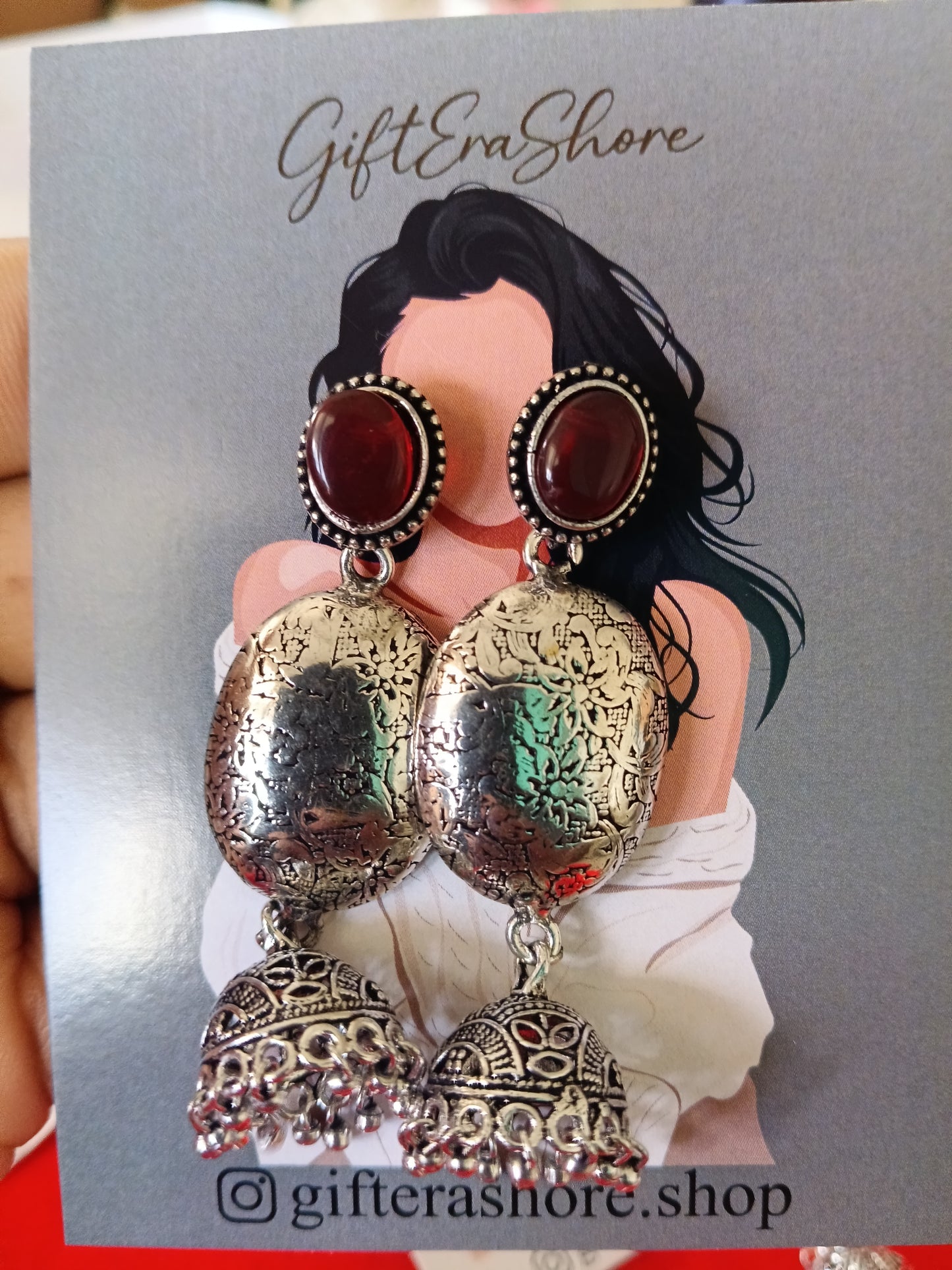 Oxidized Silver Oval Jhumka Earrings - Red Stone