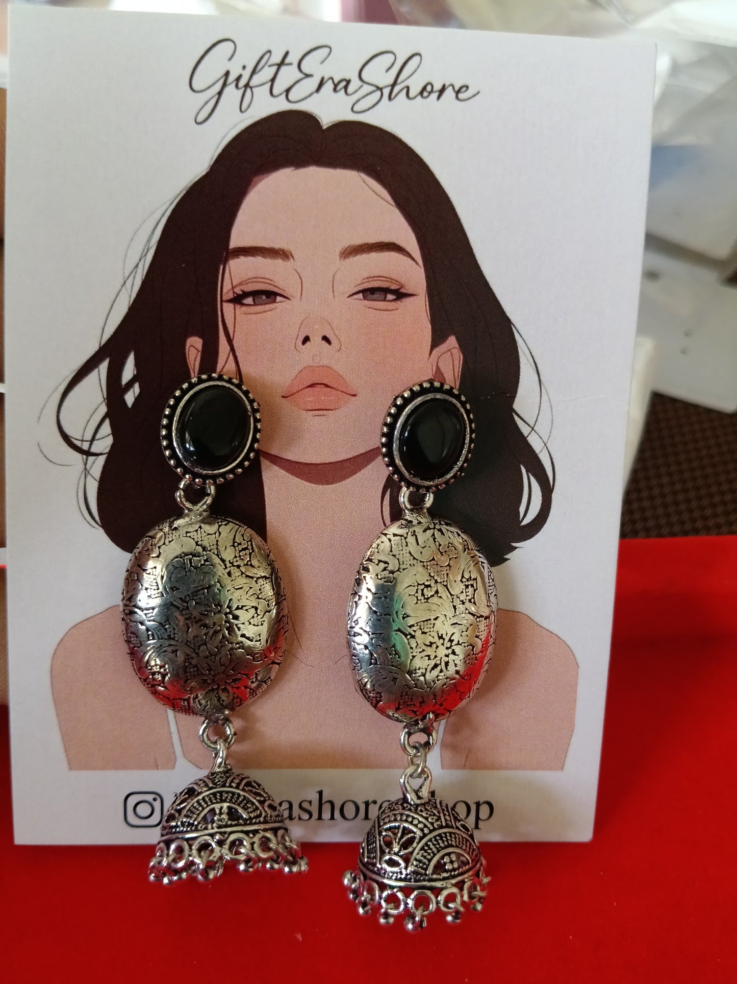 Oxidized Silver Oval Jhumka Earrings - Black Stone