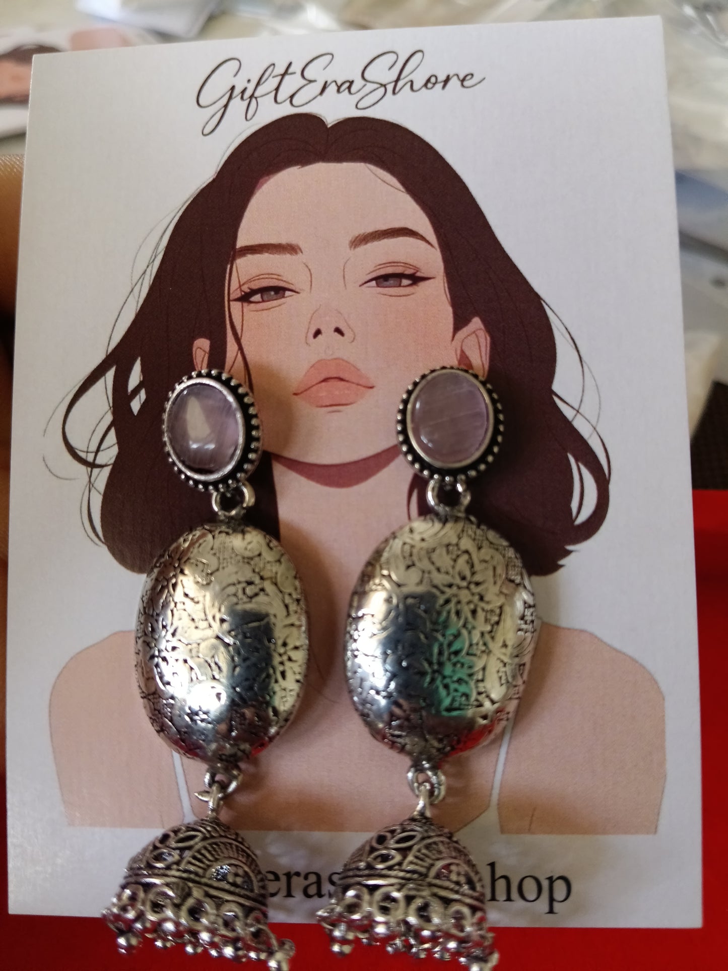 Oxidized Silver Oval Jhumka Earrings - Lavender Stone