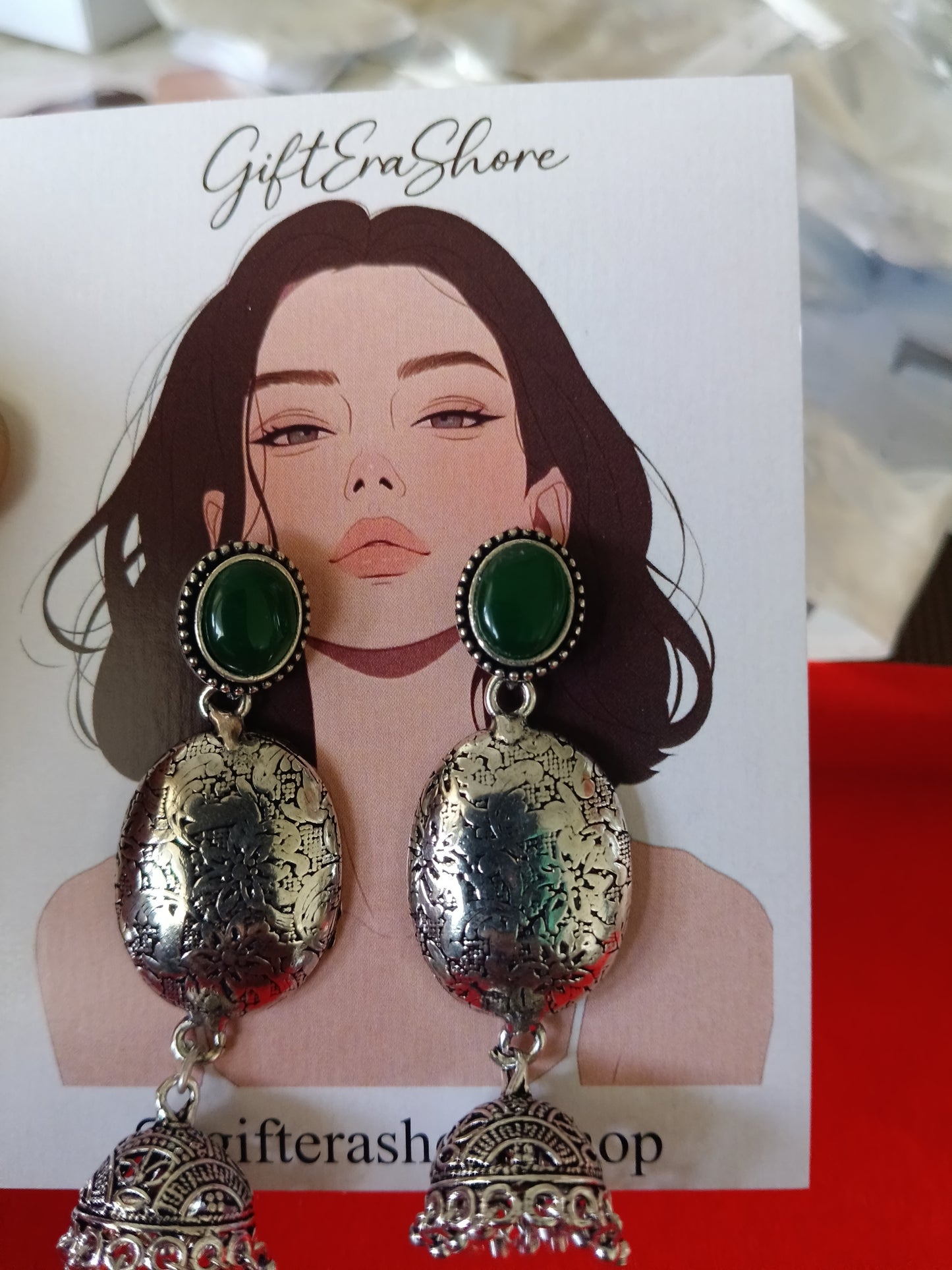 Oxidized Silver Oval Jhumka Earrings - Green Stone