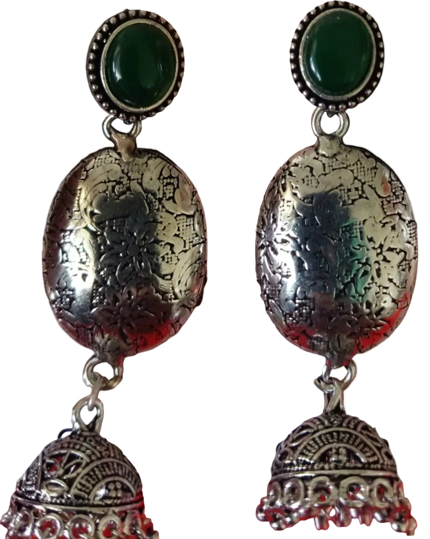 Oxidized Silver Tribal Jhumka Earrings - Green Stone