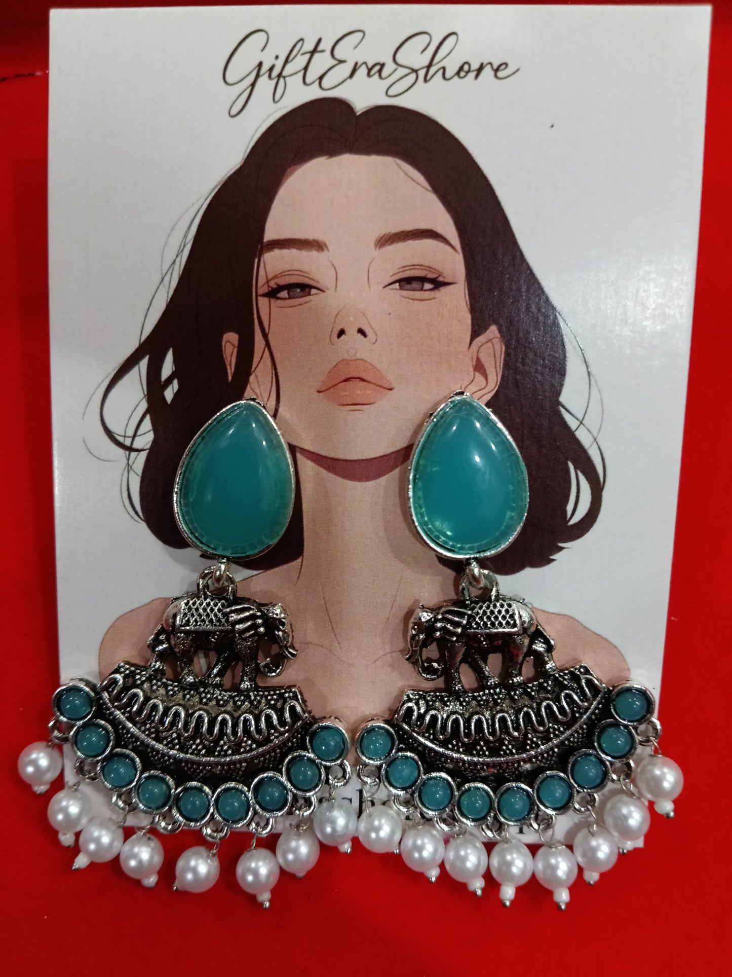 Oxidized Silver Elephant Dangle Earrings - Teal Stone