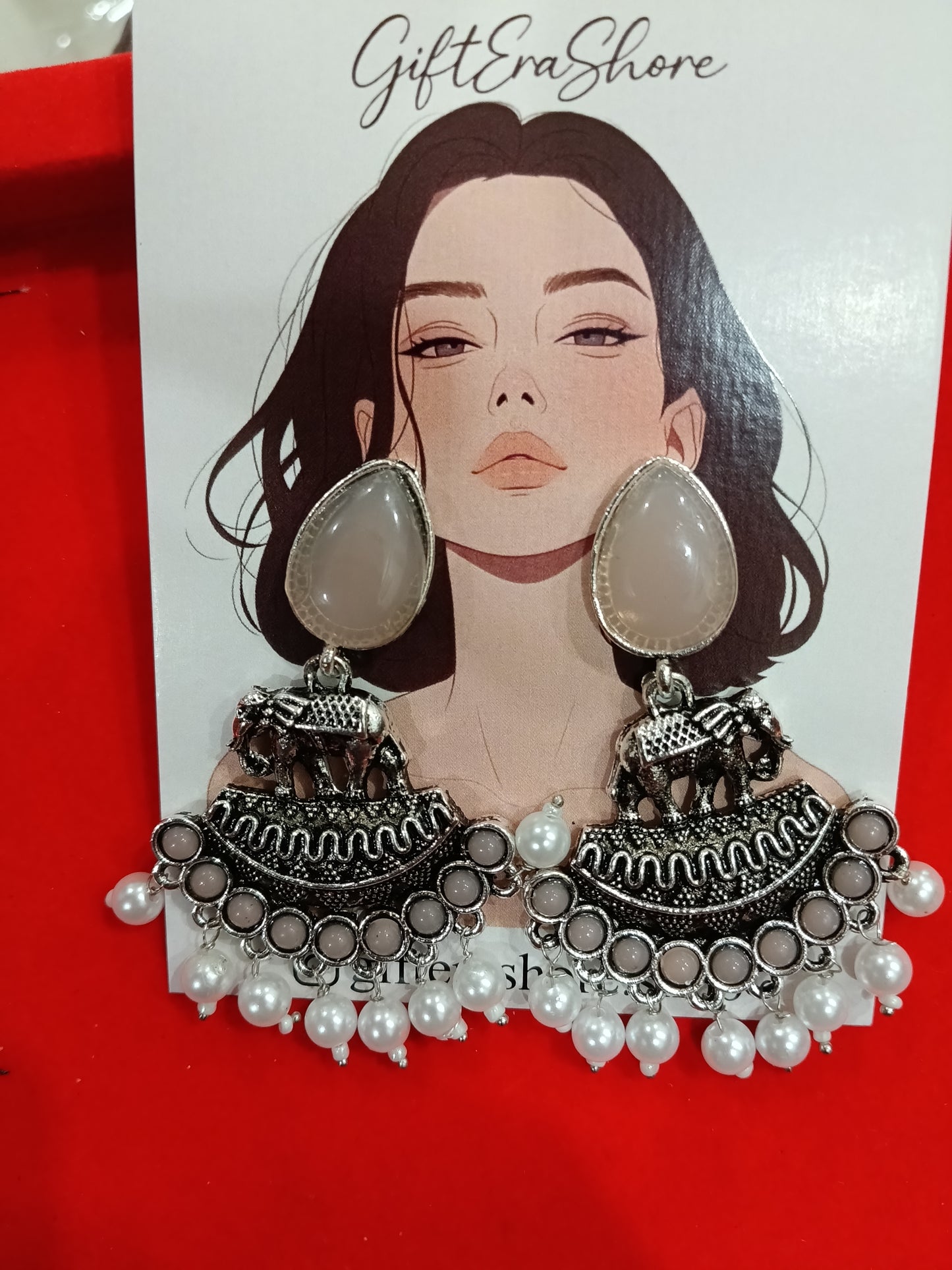 Oxidized Silver Elephant Dangle Earrings - Grey Stone