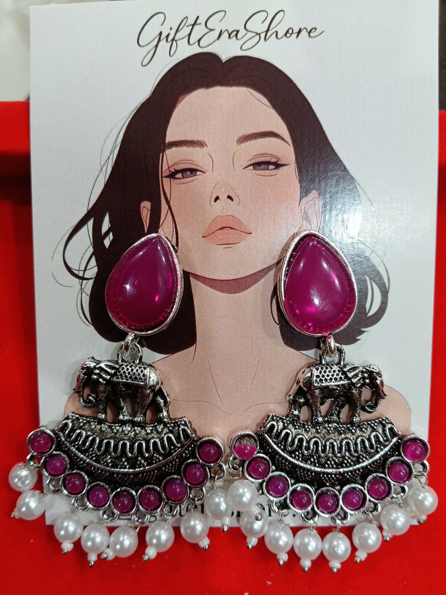 Oxidized Silver Elephant Dangle Earrings - Magenta Stone