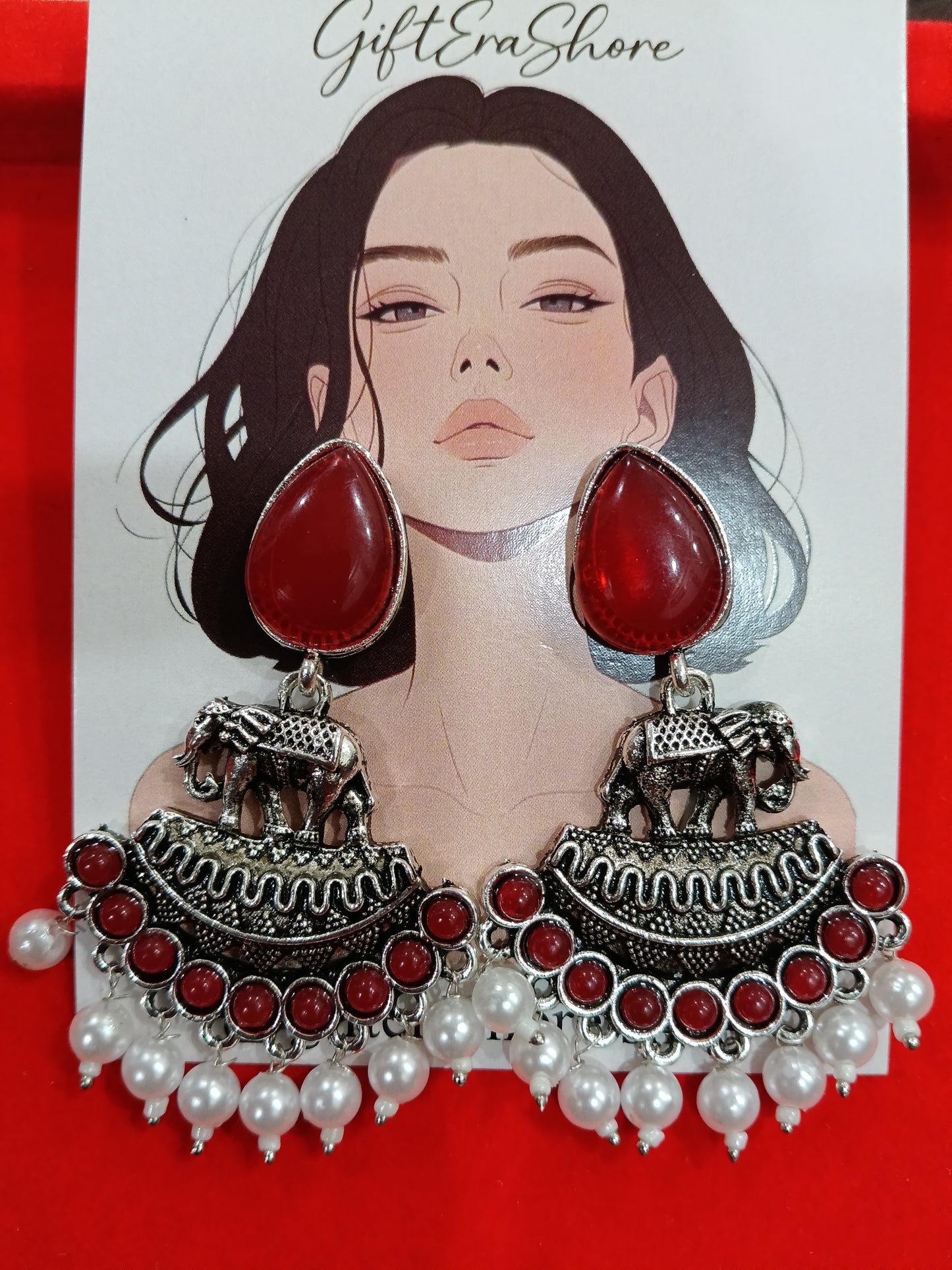 Oxidized Silver Elephant Dangle Earrings - Red Stone