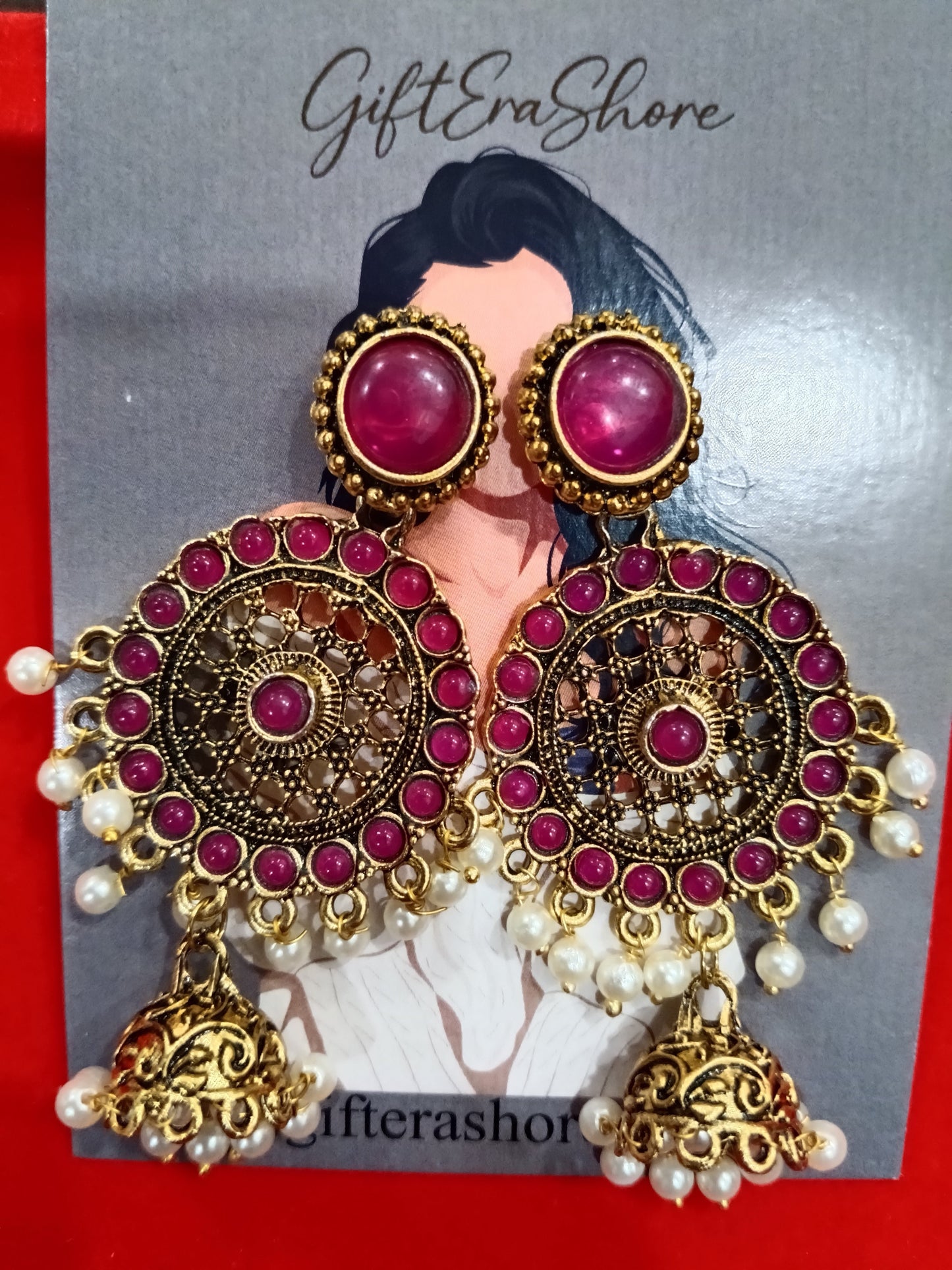 Antique Gold Pink Stone Mandala Jhumka Earrings
