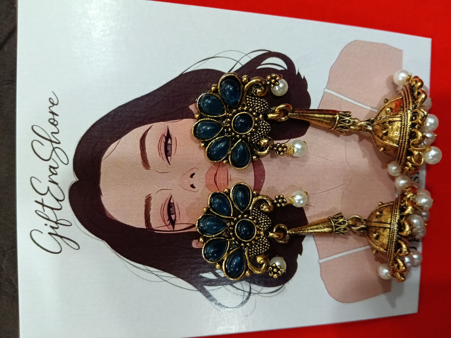 Antique Gold Floral Jhumka Earrings - Dark Blue Stone