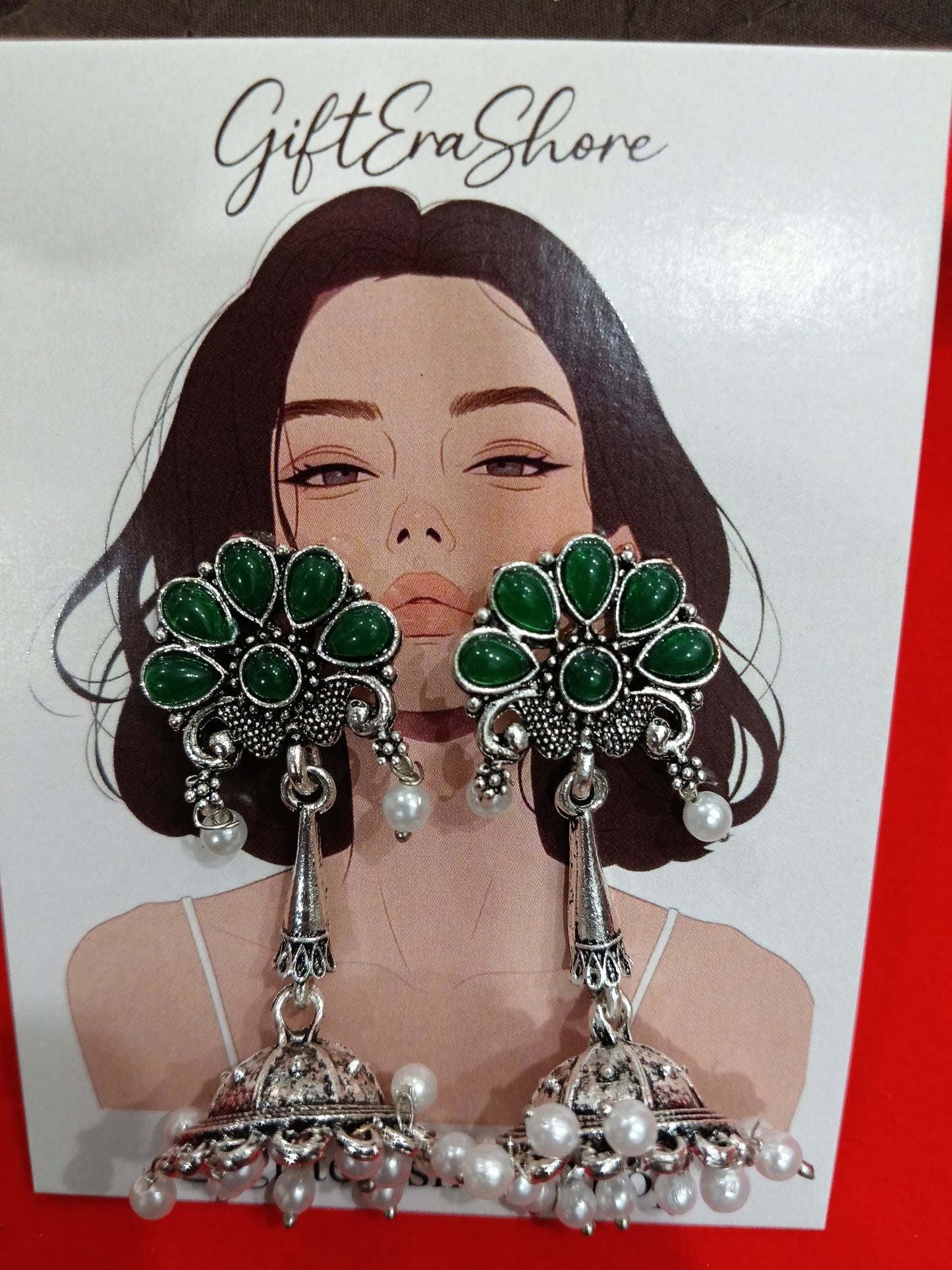 Oxidized Silver Floral Jhumka Earrings - Green Stone