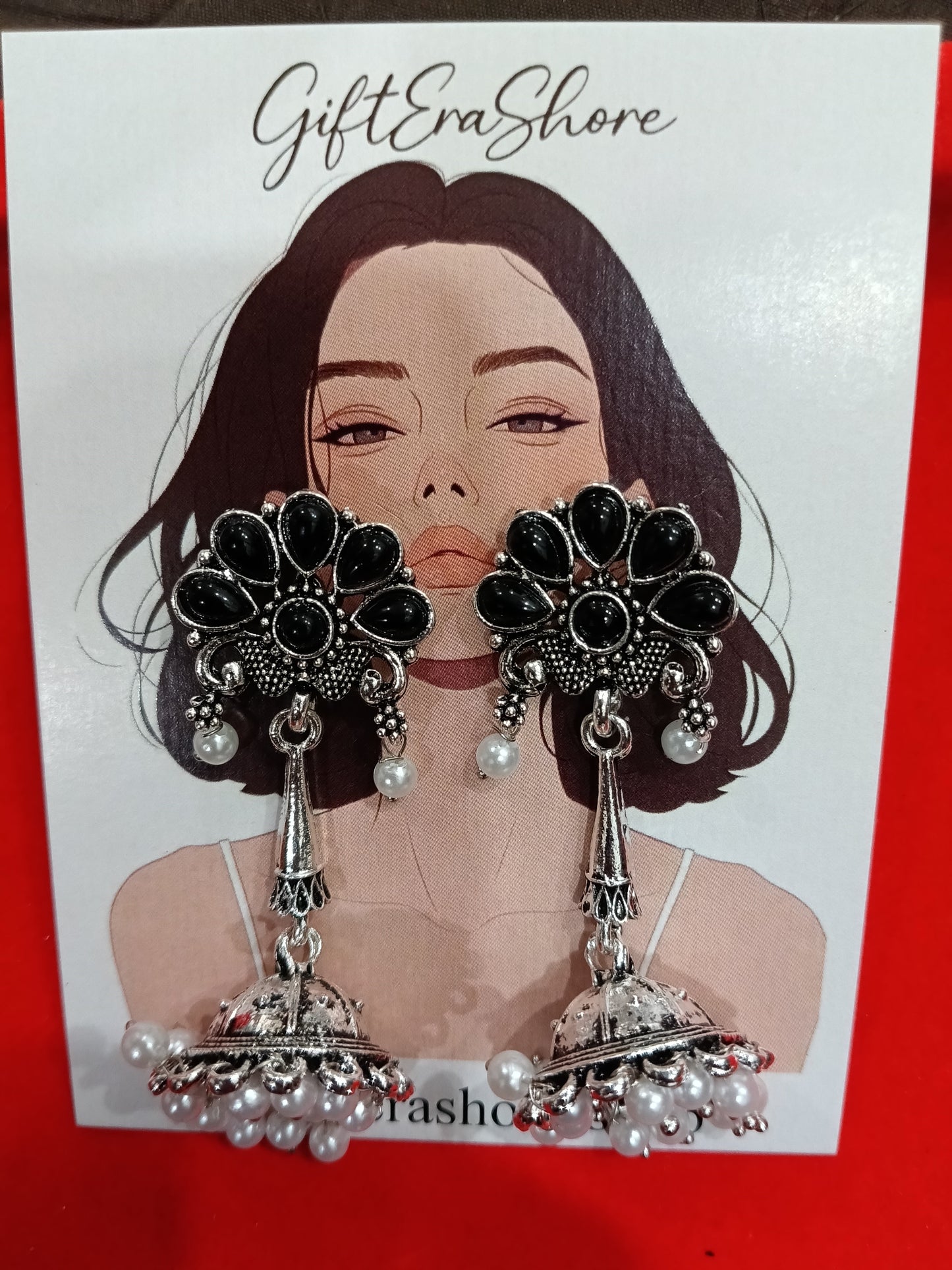 Oxidized Silver Floral Jhumka Earrings - Black Stone