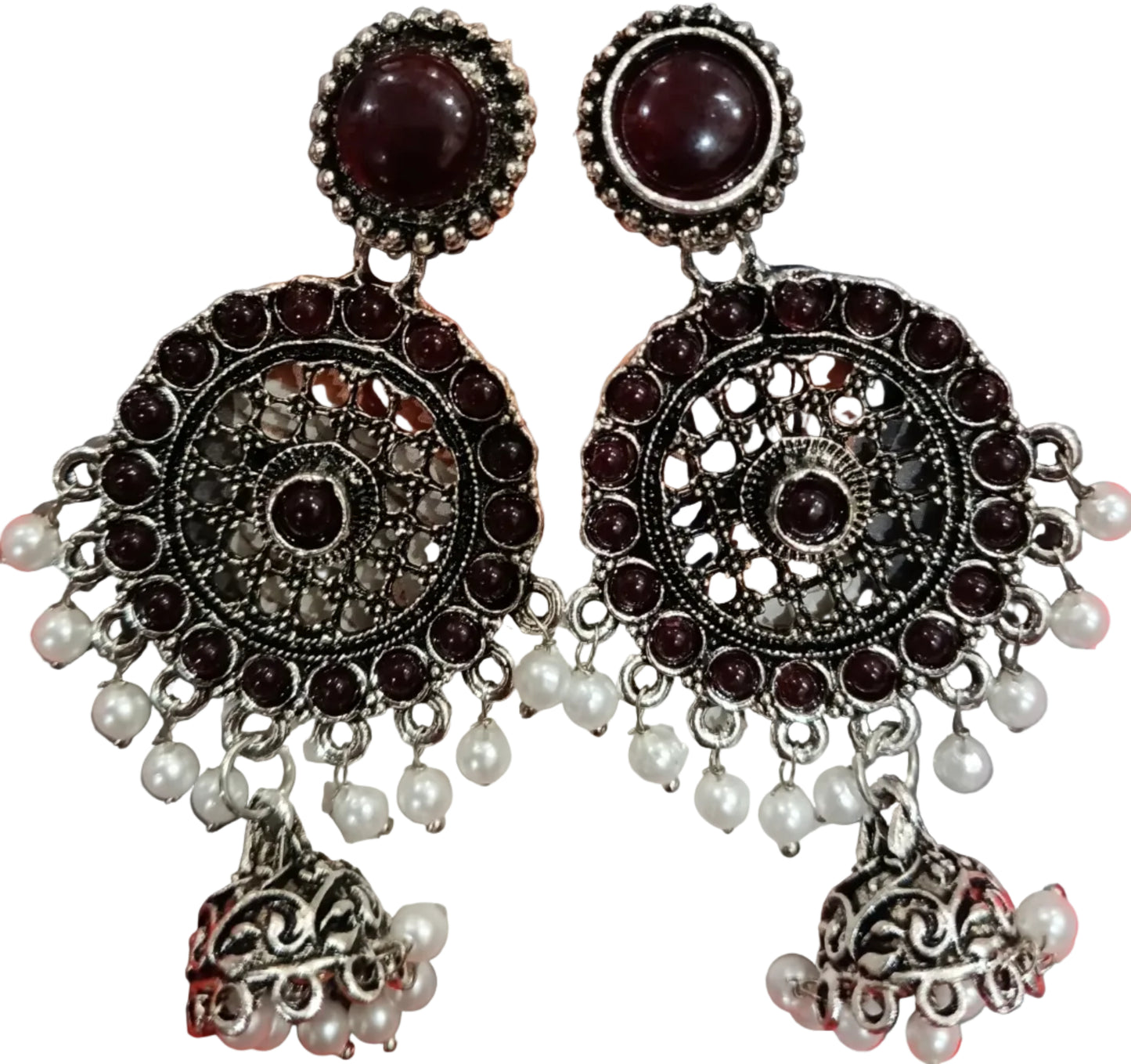 Oxidized Silver Mandala Jhumka Earrings - Maroon Stone