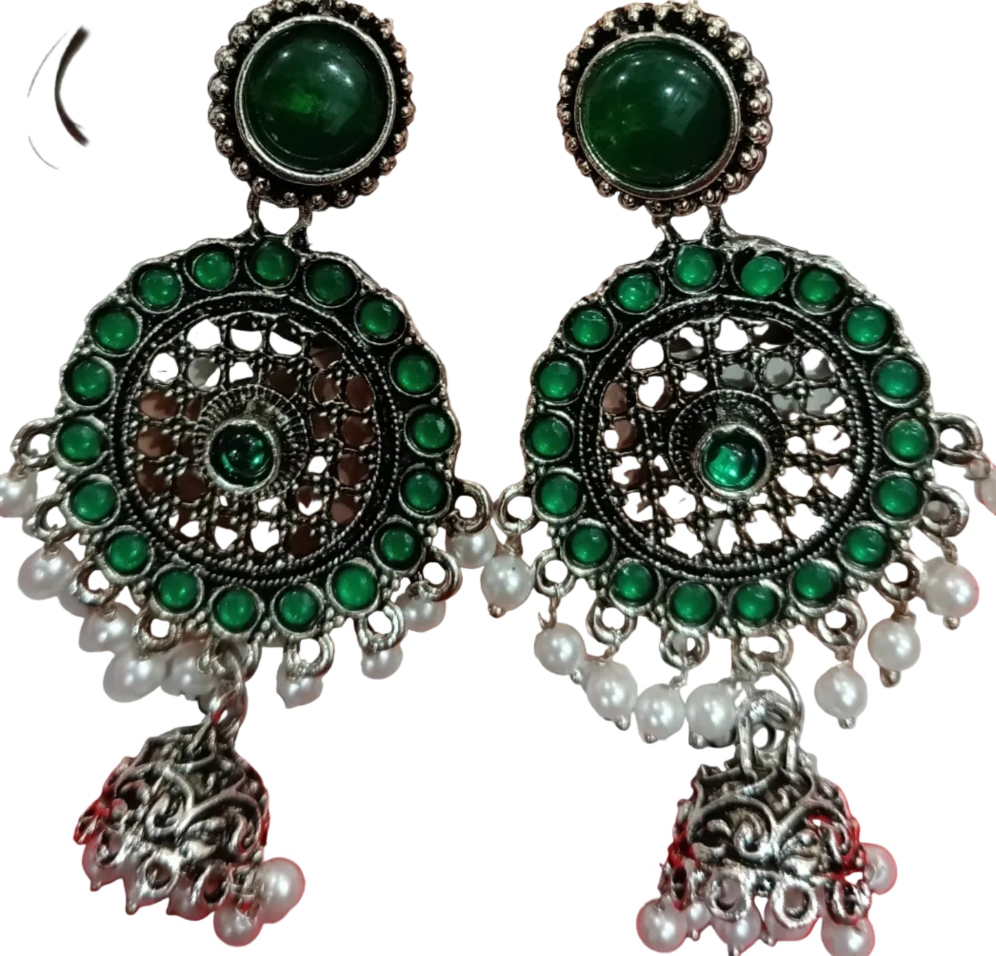 Dark Green Mandala Stud Jhumka Earrings with Pearls