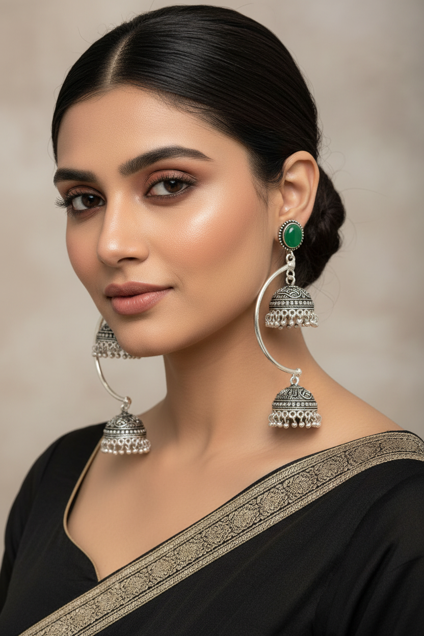 Red Circular Hoop Jhumka Earrings with Stud