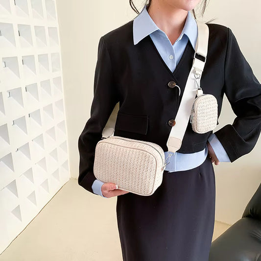 White Sling Crossbody Bag In Jute Material.